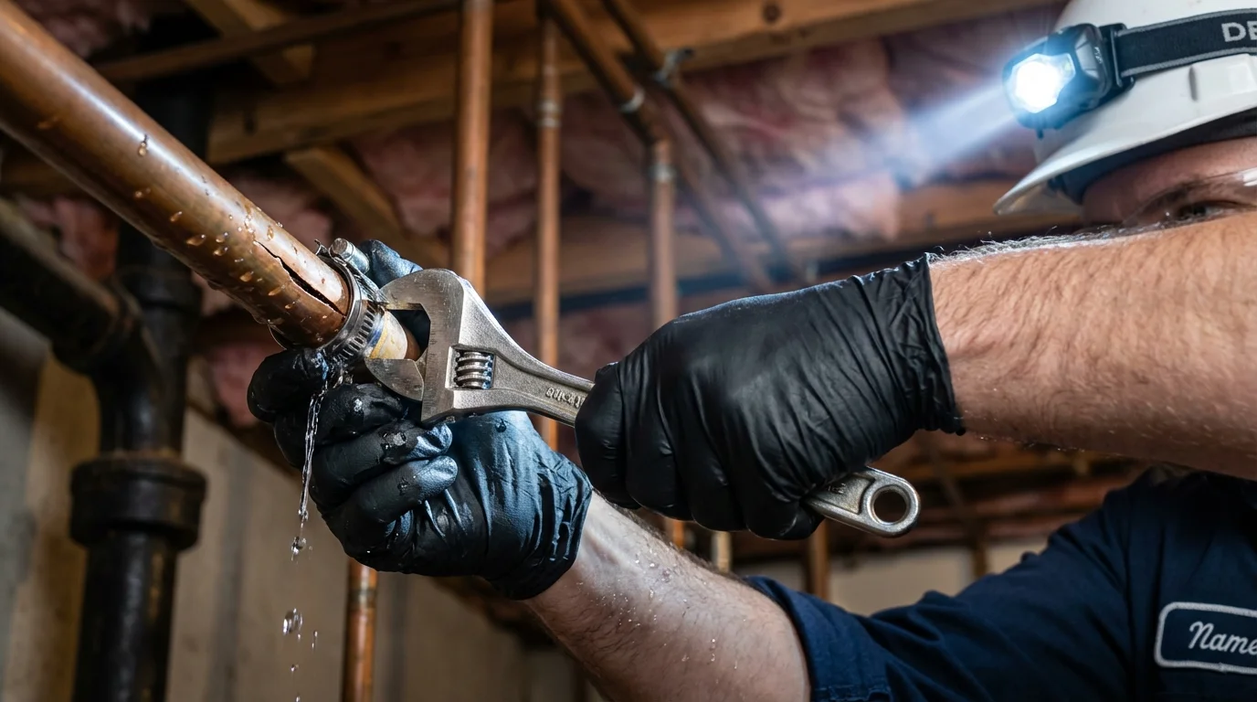 Emergency pipe clamp repair being performed by a Johns Plumbing LLC plumber in Tucumcari