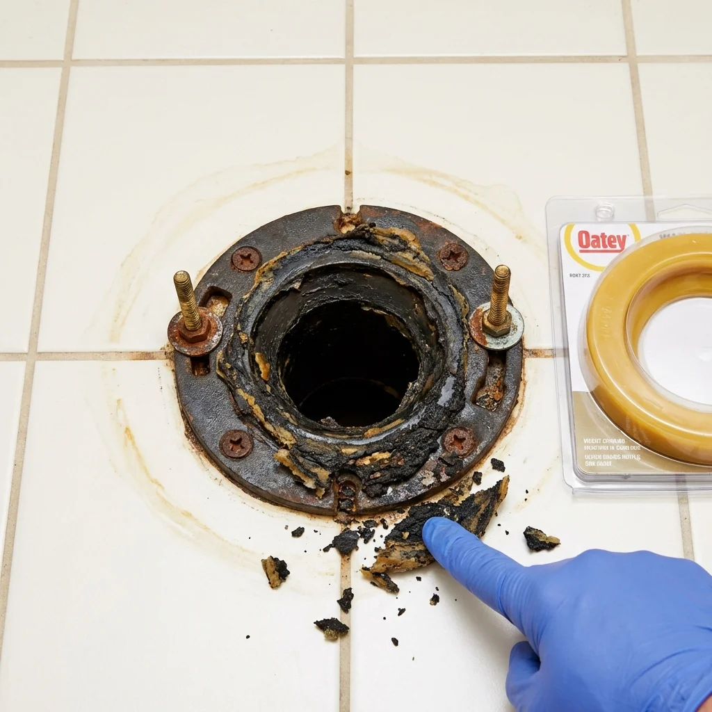 Failed wax ring showing water seepage at the base of a toilet in a Tucumcari, NM home