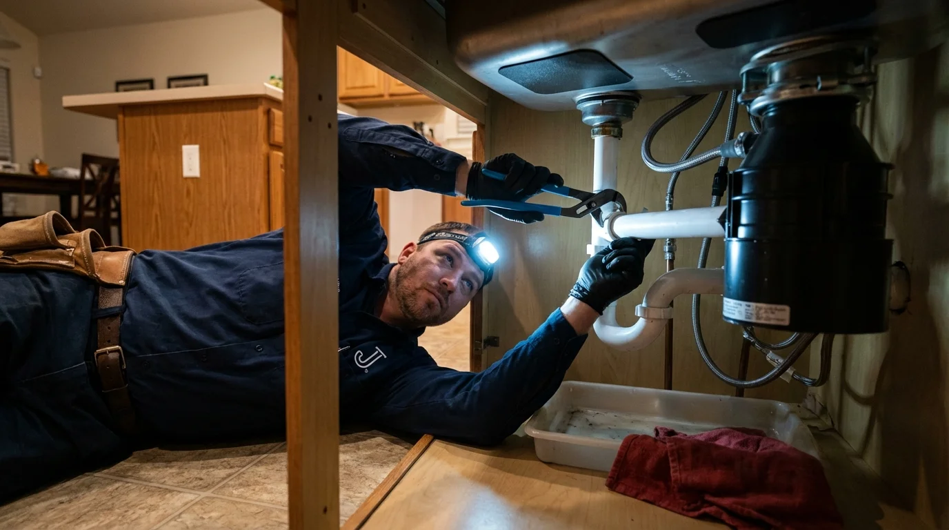 P-trap and supply line connections under a kitchen sink showing a common leak point in Tucumcari, NM